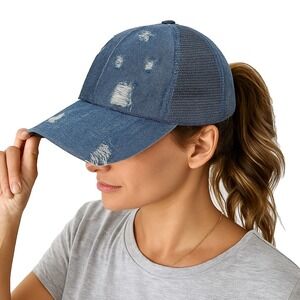 CC Distressed Denim Ponytail Trucker Hat Womens Adjustable Mesh Back Ball Cap